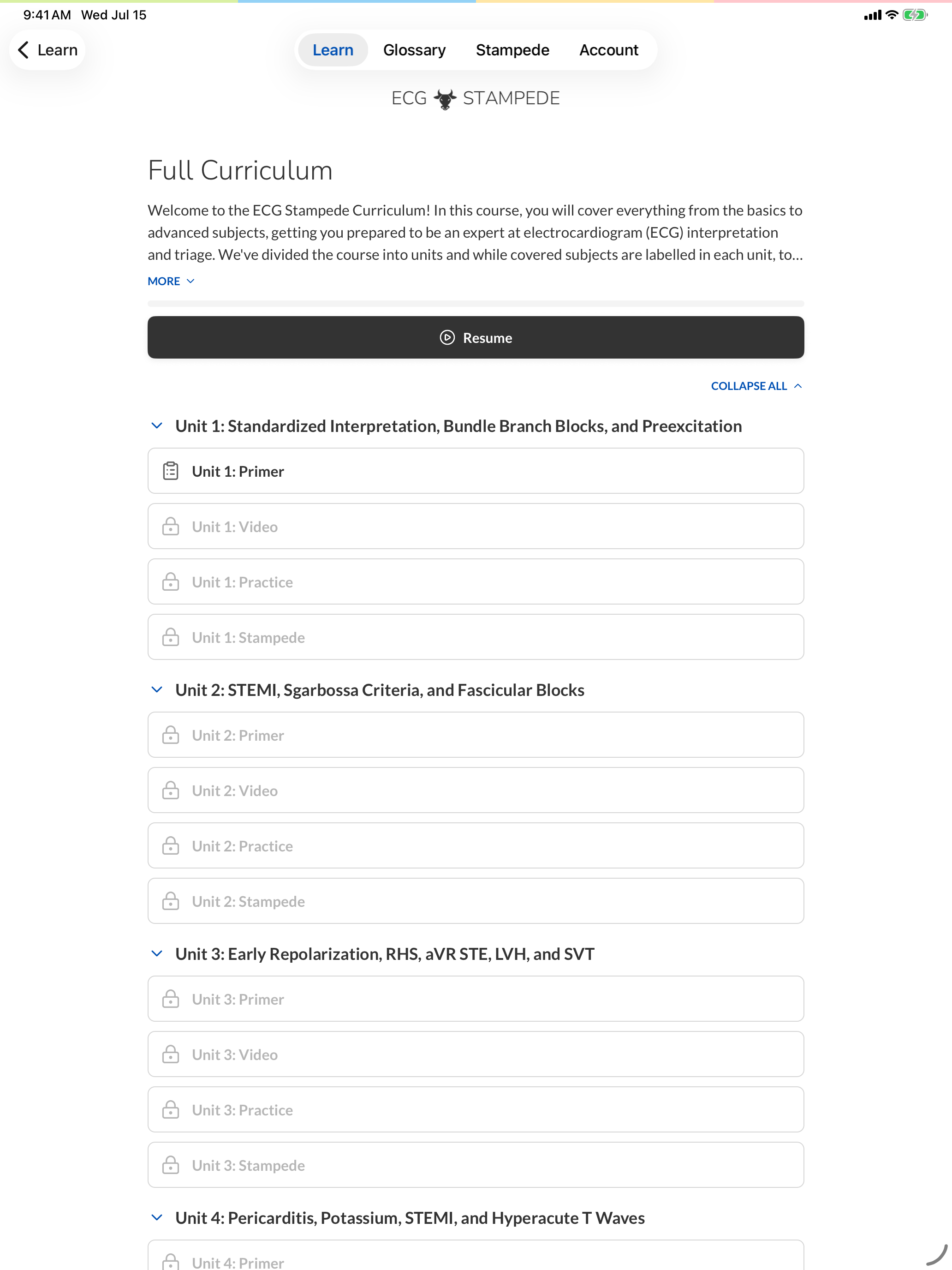 ECG Stampede curriculum outline on an iPad