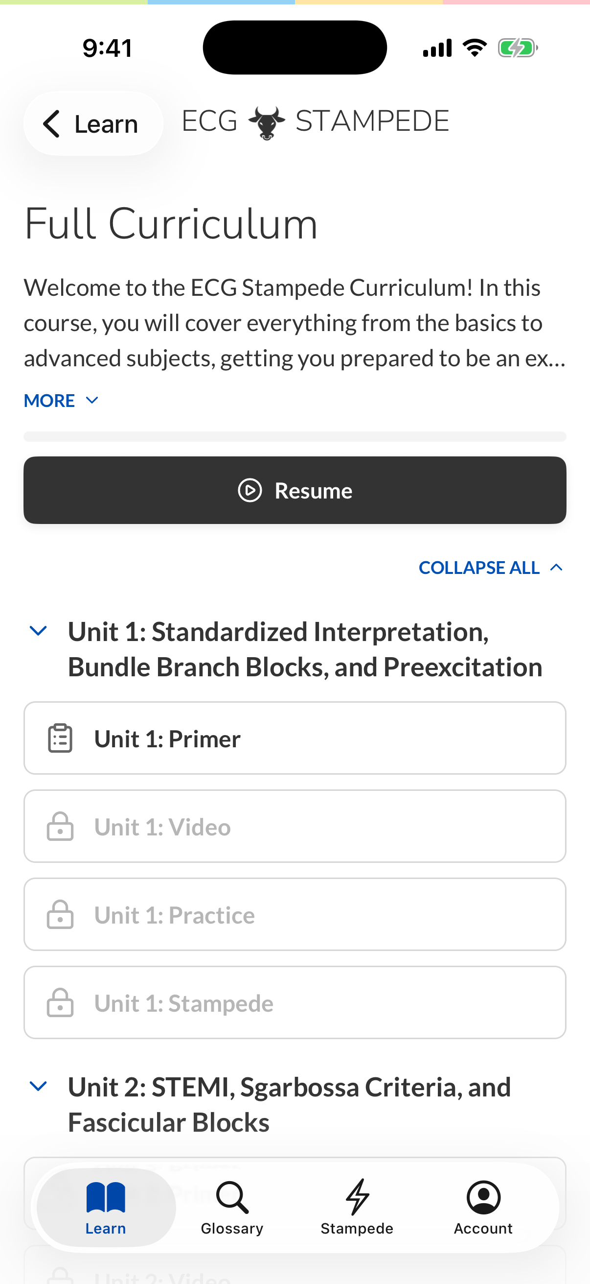 ECG Stampede curriculum outline on an iPhone